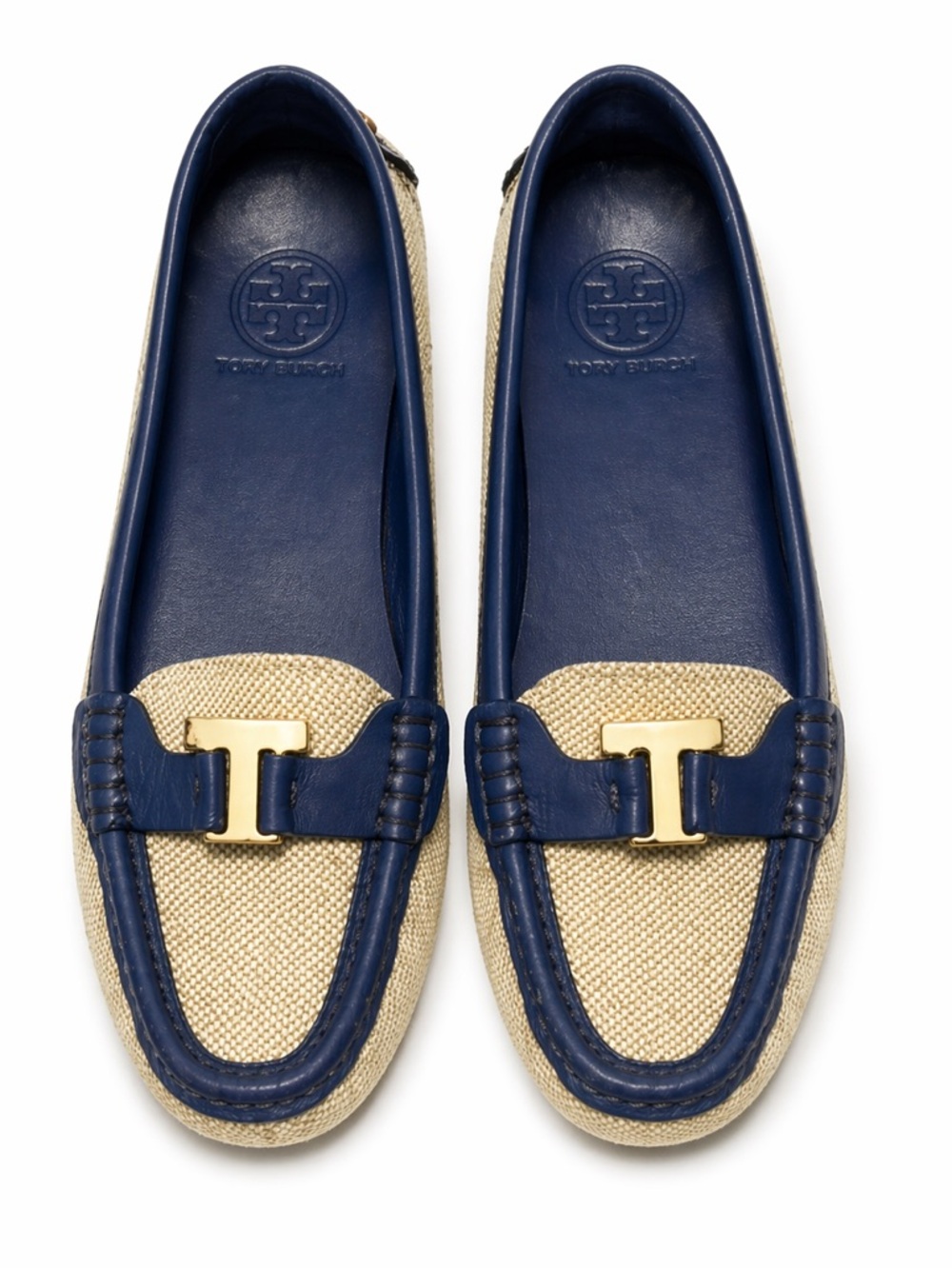 Tory Burch Navy and Natural Canvas Loafers with Gold Hardware